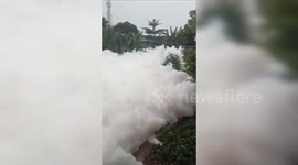 Mysterious foam pollution overflows river in Depok City in West Java, Indonesia