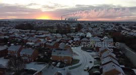 Frozen morning drone footage on day met office issues yellow weather warning for ice and snow - Derbyshire, UK
