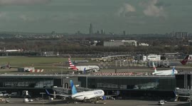 Transatlantic flight using greener fuel takes off from Heathrow in London, UK