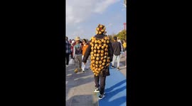 Man adorns himself with bread to delight seagulls in China