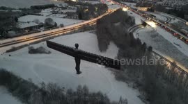 The Angel of the North statue in Gateshead covered in snow