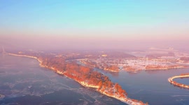 Aerial view of Songhua River in winter morning in NE China