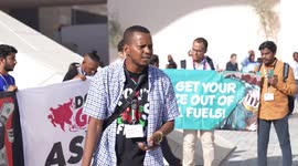 Climate campaigner speaks on decisions of Rishi Sunak at Cop28 protest in Dubai, UAE