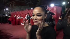 Alexa Chung and Tessa Thompson discuss their fashion choices at the Fashion Awards in London, UK