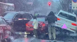 BMW losing control in reverse crashes into taxi and hits parked Bentley