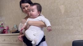 Baby has hilarious reaction to dining table full of food