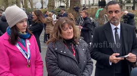 Bereaved family members give a statement outside the Boris Johnson Covid-19 Inquiry Hearing