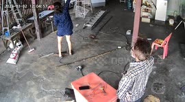 Housewife doing DIY falls from plastic box used as a stool