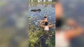 Cow rescued after it fell into pond in central India