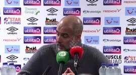 Pep Guardiola reacts to Man City win against Luton in the Premier League in Luton, UK