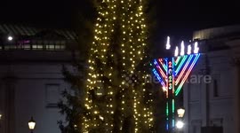 Christmas spectacle of Trafalgar Square with Norway Tree, Menorah 2023 and coloured fountains