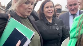 Party leaders confronted by union reps before talks on Stormont finances in Hillsborough, UK