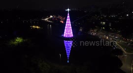 Aerial view of the Christmas tree measuring 57 meters high that was installed in Ibirapuera Park in São Paulo