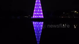 Aerial view of the Christmas tree measuring 57 meters high that was installed in Ibirapuera Park in São Paulo