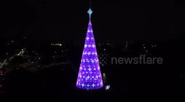 Aerial view of the Christmas tree measuring 57 meters high that was installed in Ibirapuera Park in São Paulo