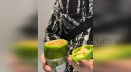 Coffee shop serves latte inside green bell peppers