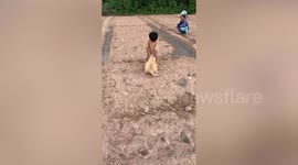 Golden Retriever puppy and little boy play in farm fields
