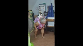 Pet cat goes for a ride on grandmother's back