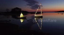Christmas boats decorated with lights at Dawn in Marblehead, Massachusetts