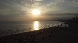 Sunset on the coast of Praia Grande in Sao Paulo, Brazil