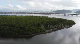 The forest and the Mar Pequeno bridge at Praia Grande in Sao Paulo, Brazil