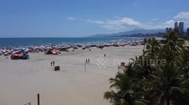 Top view of the umbrellas at Praia Grande in São Paulo, Brazil