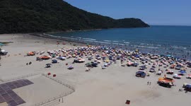 Top view of the umbrellas at Praia Grande in São Paulo, Brazil