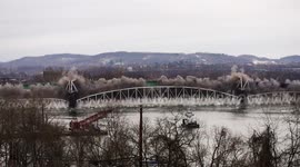 High quality footage of a bridge being demolished in the US
