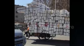Man rides heavily overloaded tricycle backwards on road