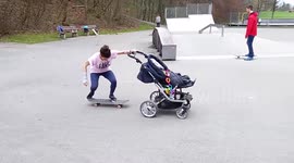 This mum can kickflip a skateboard while pushing a pram
