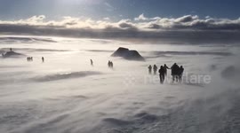 Blizzard spectacular wind with surreal atmosphere on Iceland glacier