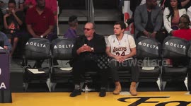 Jack Nicholson along with his son Raymond, Actor Miles Teller and Football Player Aaron Rodgers are all spotted at the Lakers vs The Clippers game at the Staples Center in Los Angeles, CA