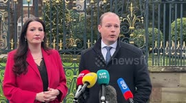 Gordon Lyons and Emma Little-Pengelly, speaks to the media in Lisburn, UK