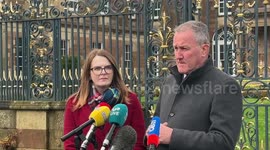 Conor Murphy and Caoimhe Archibald speak to the media in Lisburn, UK