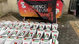 Pro-Palestine protesters place “child coffins” outside the Science Museum in London