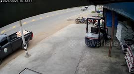 Trailer detaches from pickup truck and crashes into shop