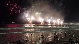 Aerial view of the fireworks display on Copacabana beach in Rio de Janeiro Brazil. New Year's Eve in Rio de Janeiro Brazil is one of the most anticipated events of the year, attracting millions of people to celebrate the arrival of a new cycle.