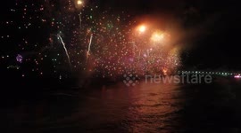 Aerial view of the fireworks display on Copacabana beach in Rio de Janeiro Brazil. New Year's Eve in Rio de Janeiro Brazil is one of the most anticipated events of the year, attracting millions of people to celebrate the arrival of a new cycle.