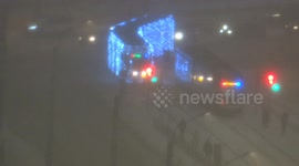 Festive tram is running around St Petersburg during winter holidays in Russia