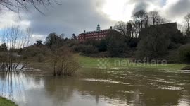 Flooding in Shrewsbury from the River Severn after days of heavy rain in the UK caused by storm Henk