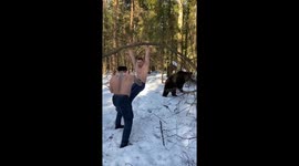 The most intense workout ever features a bear rocking a tree while a man absorbs body shots