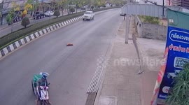 Pet owner stops traffic to pick up her dog when it falls from motorcycle