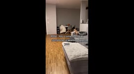 Dog overly happy to see owner after returning home from work
