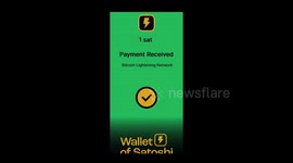 Screen animation receiving 1 Satoshis Sats, one thundered millionth of 1 Bitcoin, instantly via the Bitcoin Lightening Network using Wallet of Satoshi