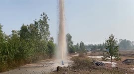 Water shoots 50 feet into air during bore mining operation in central India