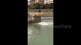 Golden Retrievers Having Fun in the Water in Shangcheng District, China