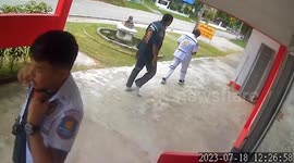 Rescuer trips over and glass door falls onto him