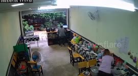 Wall fan explodes and sends parts flying all over noodle shop