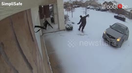 Icy ground snatches delivery driver's ability to walk without falling down