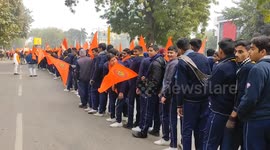 Hundreds of school children took out a procession in Prayagraj for the consecration of Lord Ram's temple, carrying saffron flags in their hands and raising slogans of Jai Shri Ram.